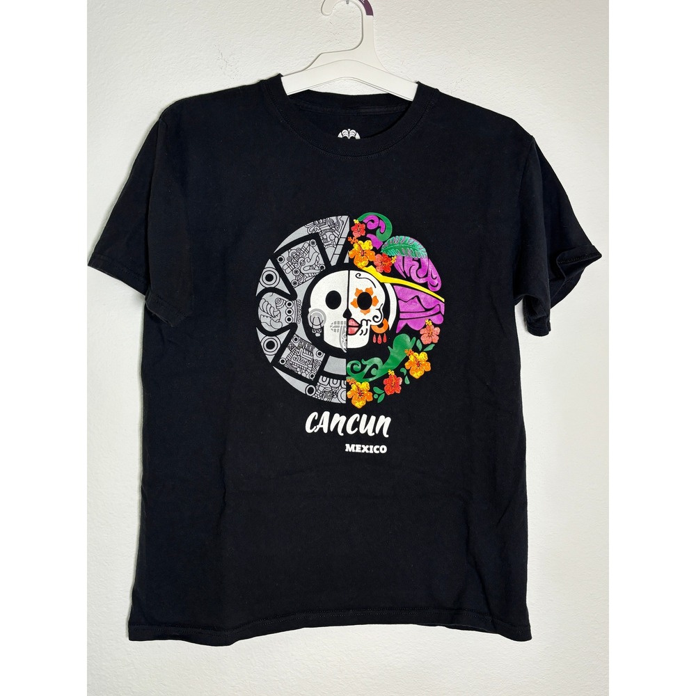 Tropical Relax Cancun Mexico Graphic T-Shirt Black Skull Aztec Floral Mens M